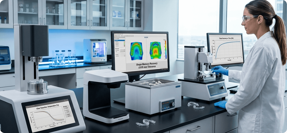 Researchers printed aligners and testing samples using LuxCreo’s DCA and DCA Plus materials, then ran a series of evaluations: Thermomechanical Analysis, Shape Memory Performance, Force Restoration.